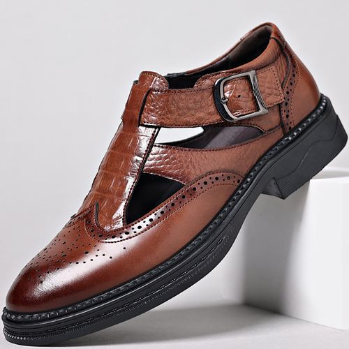 Men's business formal leather shoes, men's brock engraved genuine leather perforated men's shoes
