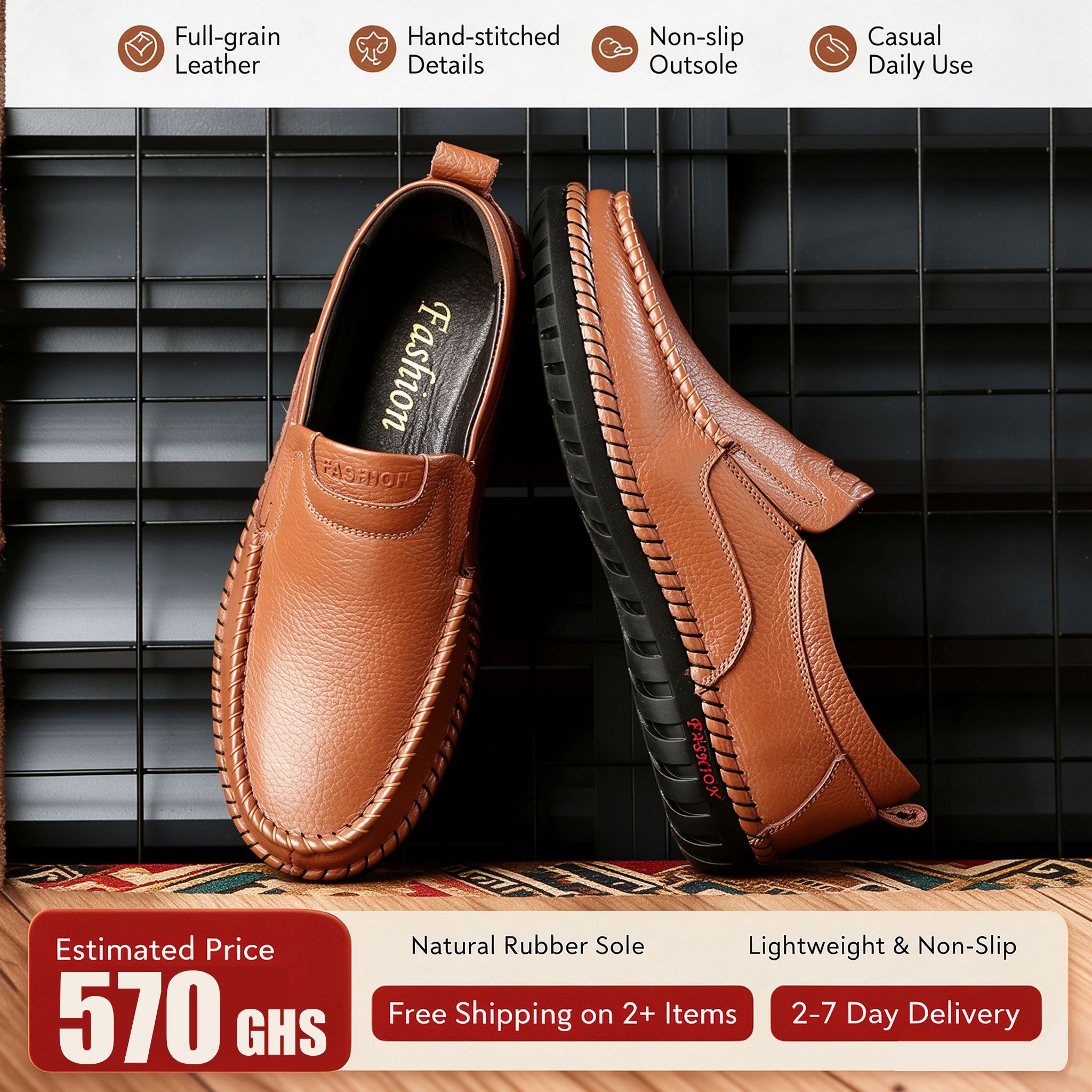 🔥Ghana - Brown Top Grain Leather Slip-On Loafers🔥Free Shipping for 2+ Purchases-LB-CAS-013
