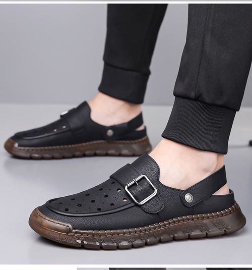 New men's perforated slip-on shoes, hand-stitched with fine lines, breathable sandals