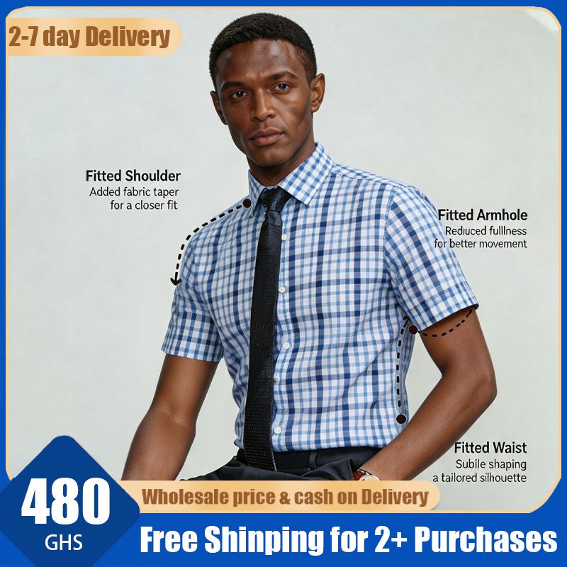 🔥Ghana - 100% Cotton Blue Plaid Short Sleeve Shirt🔥Free Shipping for 2+ Purchases-LB-CY-001