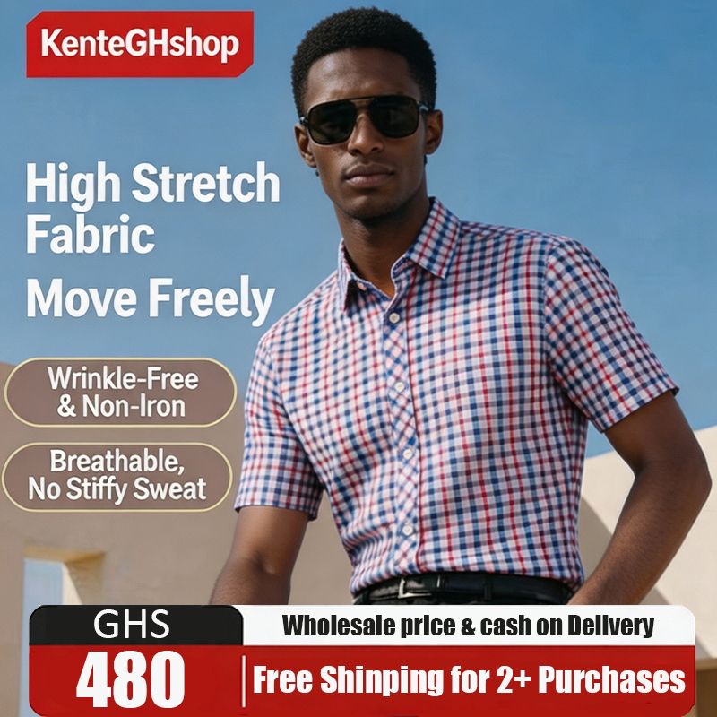 🔥Ghana - 100% Cotton Blue Khaki Plaid Short Sleeve Shirt🔥Free Shipping for 2+ Purchases-LB-CY-003