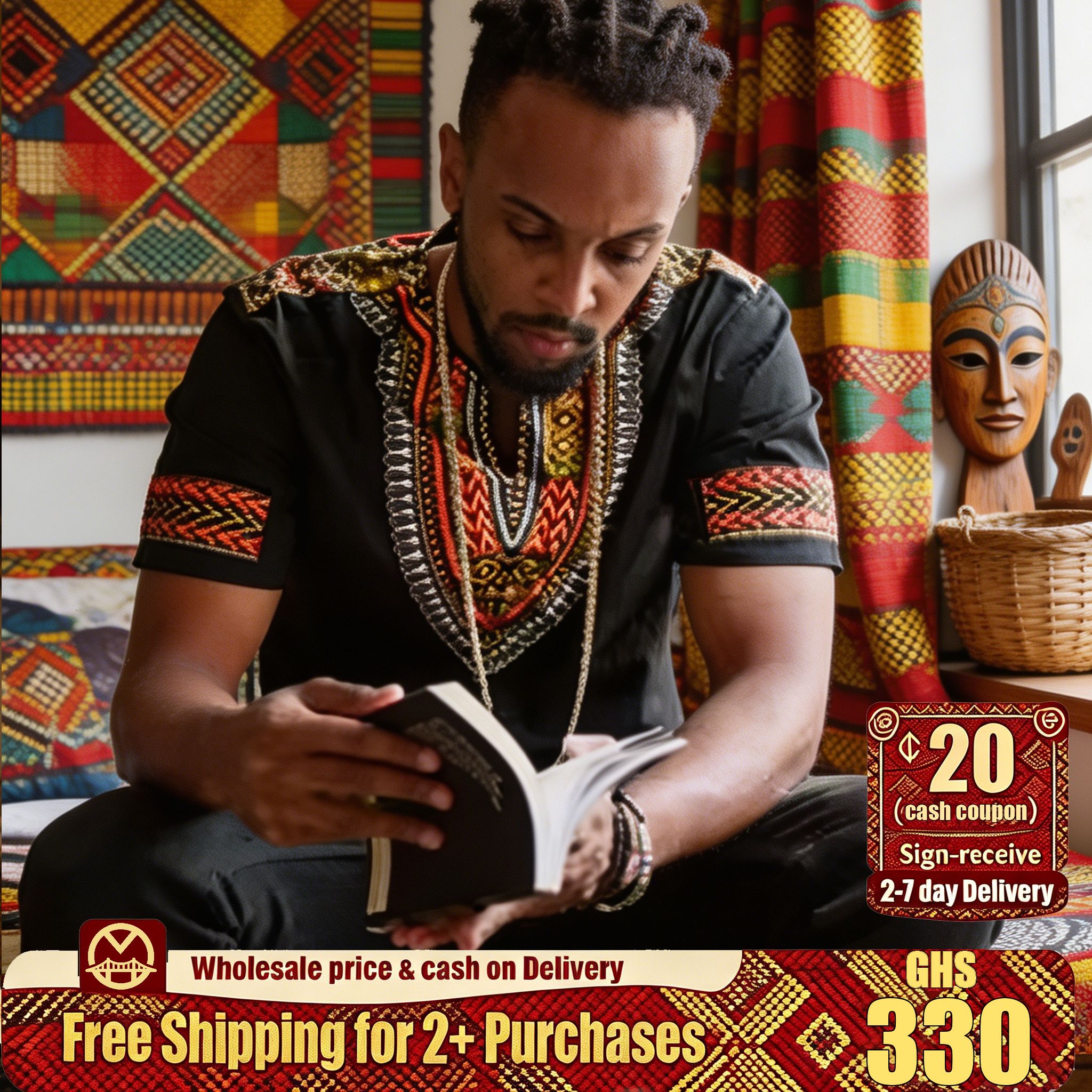 🔥Ghana - Traditional Ghana Kente Trim Black Casual Top🔥Free Shipping for 2+ Purchases-YML-CP-019