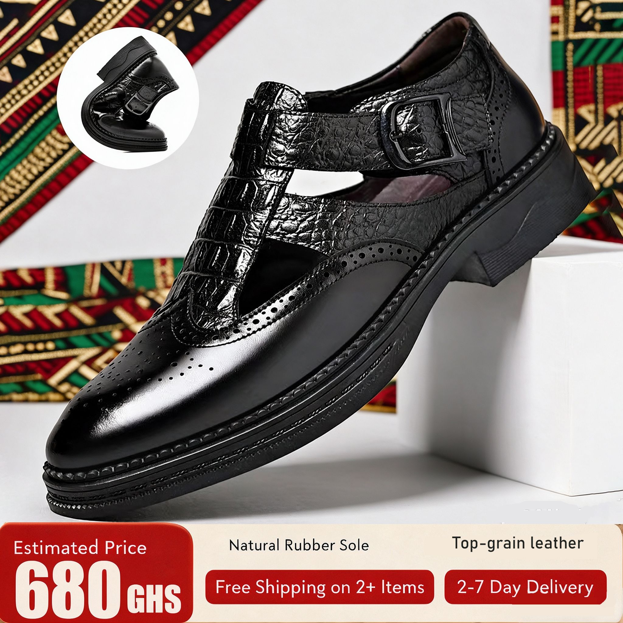 🔥Ghana - Men's Brogue T-Strap Genuine Cowhide Sandals🔥Free Shipping for 2+ Purchases-LB-SD-011