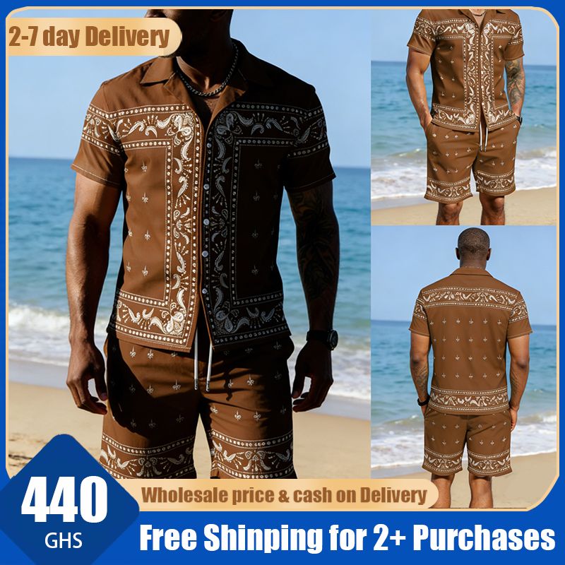 🔥Ghana - Brown Patterned Cuban Collar Lyocell Set 🔥Free Shipping for 2+ Purchases-DW063