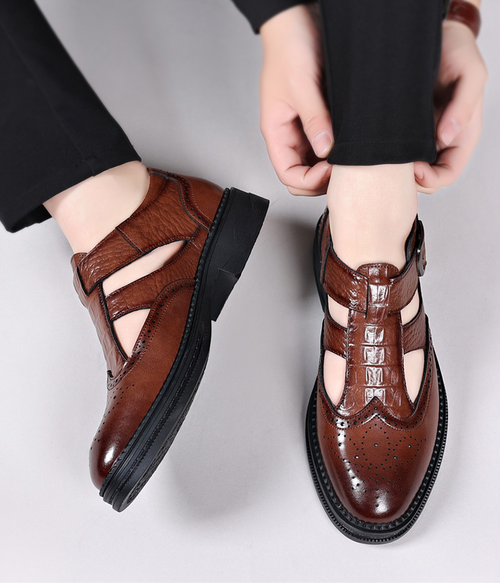 Men's business formal leather shoes, men's brock engraved genuine leather perforated men's shoes