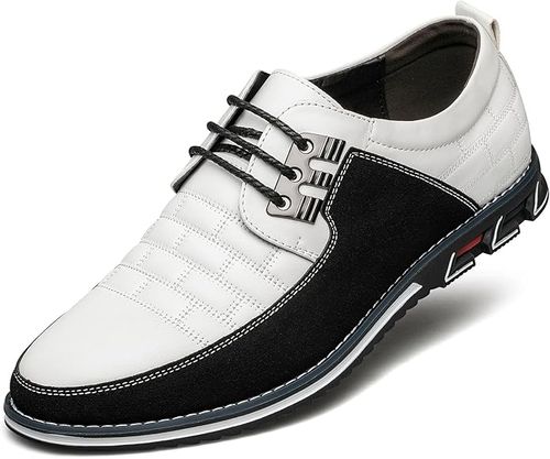 Men's Business Casual Leather Shoes: Premium leather, non-slip sole, black-white colorblock for elegant style.