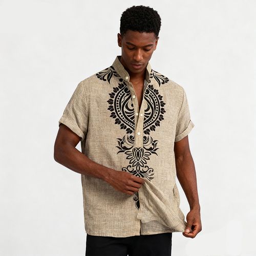 0928Flax-colored printed short-sleeved topYML-003