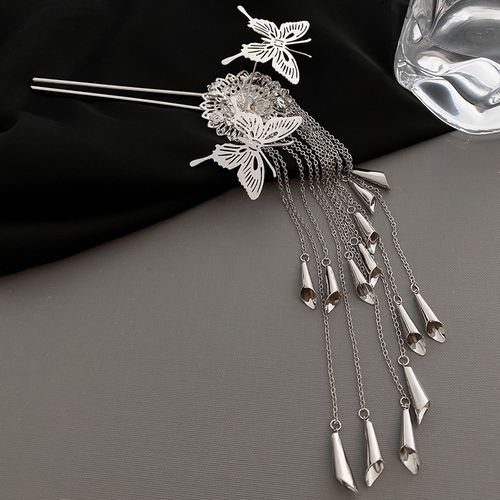 Chinese Retro Style Vintage Butterfly Flower Tassel Hairpin Handmade Metal Hair Stick Gift Hair Styling Tools Hair Accessories