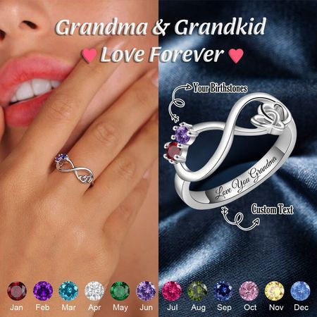 Unendlichkeit Doppelherz Personalisierter Geburtssteinring mit Gravur, personalisierter Ring, Geschenk für Mama, Oma, Paar