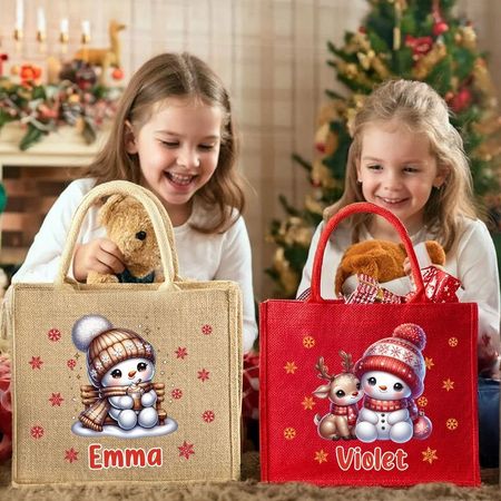 Personalisierte große Jute-Tragetasche mit Schneeflockenmotiv und niedlichem Schneemann-Cartoon-Motiv, beschriftet mit Namen, ideales Weihnachtsgeschenk für Kinder und Familien