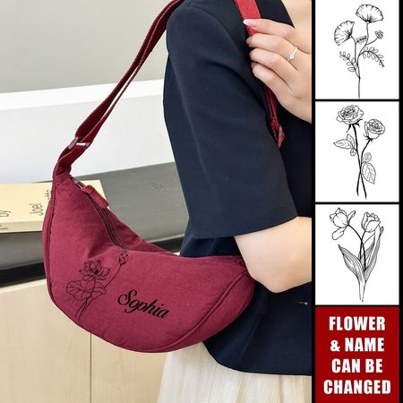 Rucksack mit Geburtsblume und Halbmond-Schultertasche, personalisierbar mit Handytasche