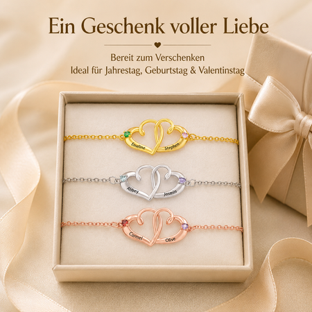 💞 Personalisiertes Doppelherz-Geburtssteinarmband – Verstellbares Partnerarmband, Gravur möglich
