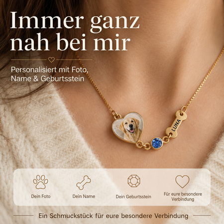 Personalisierte Haustier-Fotokette mit Geburtsstein & Name – Herz-Halskette als Erinnerungsstück für Hund & Katze