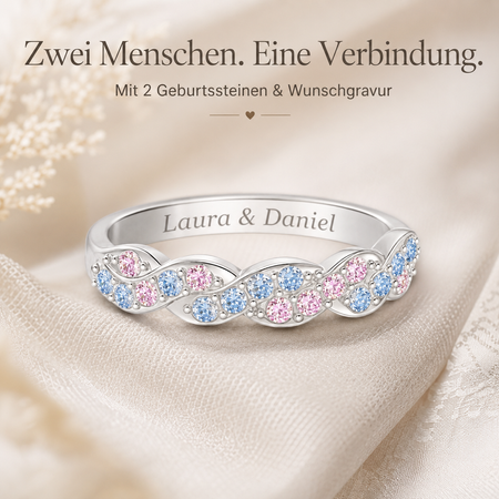 Personalisierter Wellenring mit zwei Geburtssteinen & Innengravur – Symbolisches Geschenk für Paare