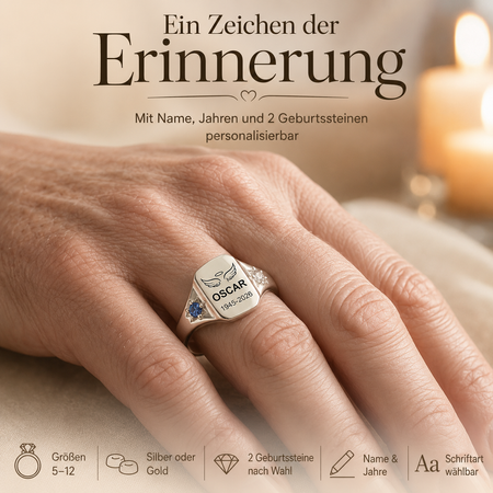 Für immer im Herzen – Personalisierter Erinnerungsring mit Name, Lebensdaten & 2 Geburtssteinen