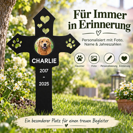 Personalisiertes Tier-Gedenkkreuz mit Foto – Metall-Gartenstecker mit Name & Jahreszahlen