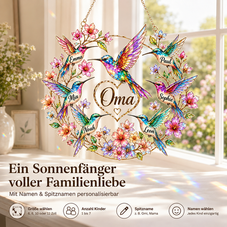 Personalisierter Kolibri-Sonnenfänger für Oma – Fensterdeko mit 1–7 Kindernamen