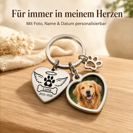Personalisierter Haustier-Gedenk-Schlüsselanhänger mit Foto, Name & Datum – Erinnerung an Hund oder Katze