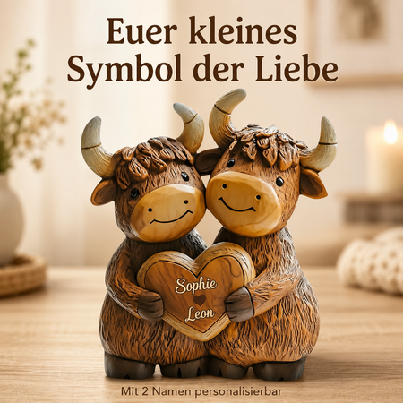 Personalisierter Highland-Cow-Paar-Aufsteller mit 2 Namen – Romantische Deko & Geschenk für Paare