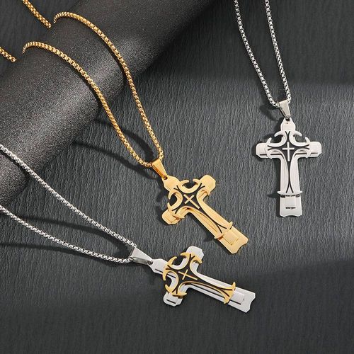 Men's Vintage Three-Layer Cross Pendant Necklace Long Chain with Dominating Pattern
