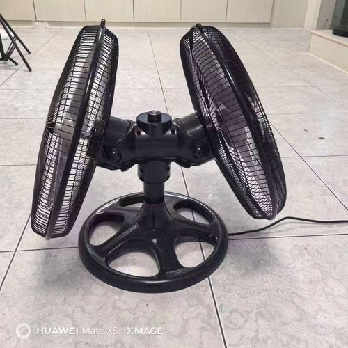 Double-headed floor-standing electric fan with 360-degree rotation, made of plastic, suitable for household use outdoors