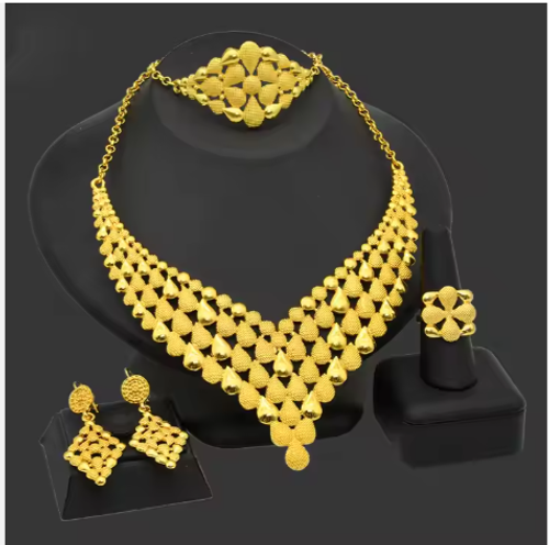 24k gold plated jewelry set flower necklace earrings ring bracelet African wedding bride 4 piece set