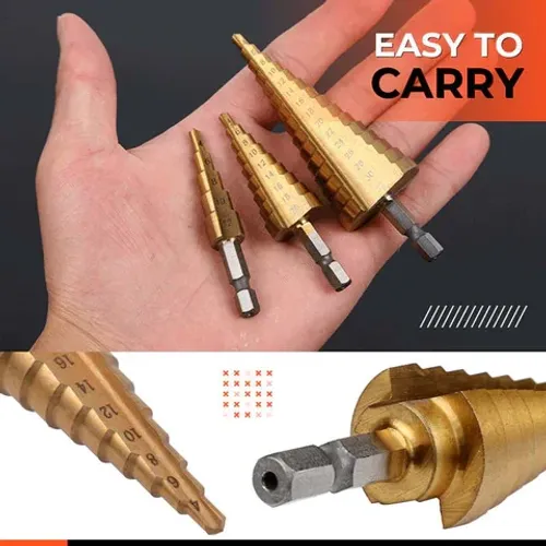 Titanium Plating Drill Bit Set（6pcs） These Drill Bit Sets come with three set individual bits, making them economical and easy to store. The titanium coating is ideal for cutting holes in a variety of materials, including steel, brass, wood, and plastic.
