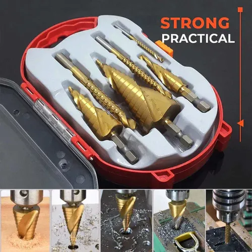 Titanium Plating Drill Bit Set（6pcs） These Drill Bit Sets come with three set individual bits, making them economical and easy to store. The titanium coating is ideal for cutting holes in a variety of materials, including steel, brass, wood, and plastic.
