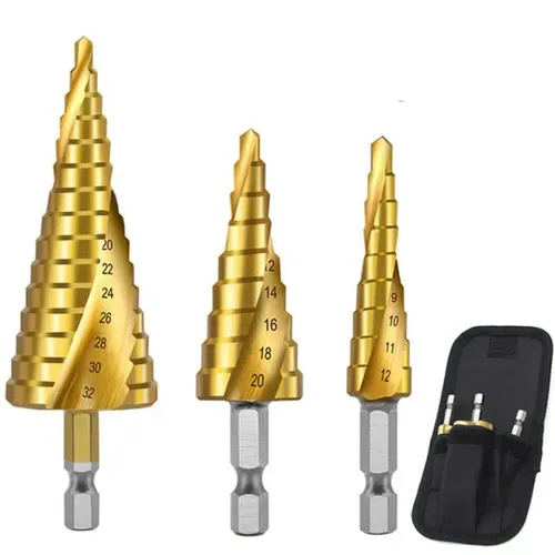 Titanium Plating Drill Bit Set（6pcs） These Drill Bit Sets come with three set individual bits, making them economical and easy to store. The titanium coating is ideal for cutting holes in a variety of materials, including steel, brass, wood, and plastic.