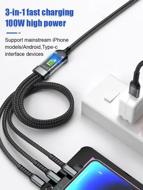 Transparent Luminous Super Fast Charging 3-in-1 Data Cable 1.2 meters long, nylon line, waterproof and wear-resistant