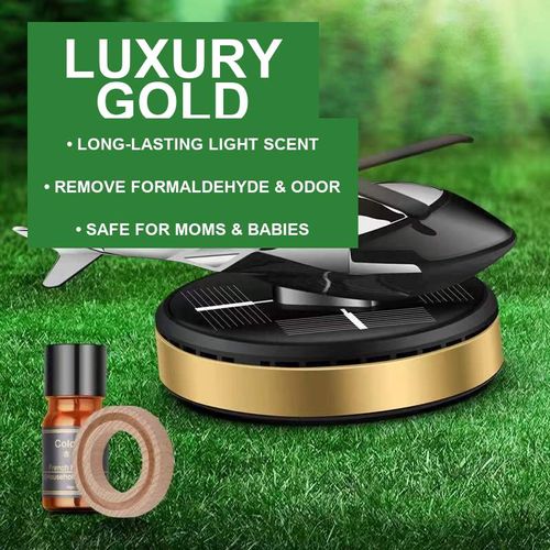 Solar-powered helicopter car ornament with rotating solar aromatherapy diffuser.