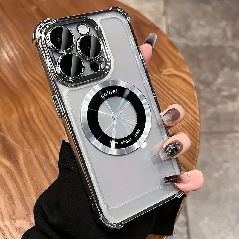 Luxury Plating PC Magnetic With Metal Holder Case Shockproof Airbag Transparent Cover for iPhone 11 12 13 14 15 16 17 Pro Max
