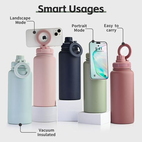 Garrafa térmica em aço inoxidável com isolamento a vácuo personalizada, frasco a vácuo com tampa magnética e suporte magnético para telefone