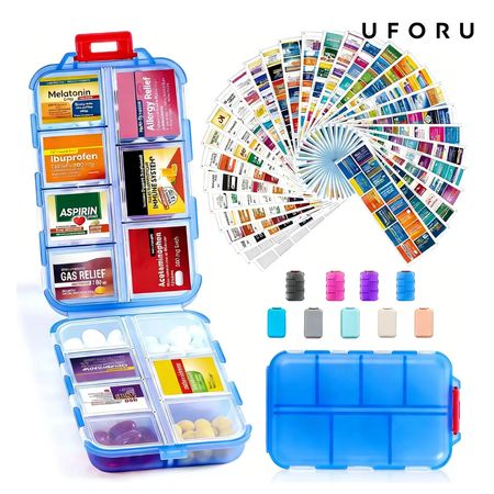 UFORU Travel Pill Organizer Box with 146 Labels, 10 Compartment Small Pill Case Medicine Kit, Portable Pocket Purse Pharmacy, Daily Weekly Vitamin Supplement Medication Holder（no pills)dealsforyou#SummerWins