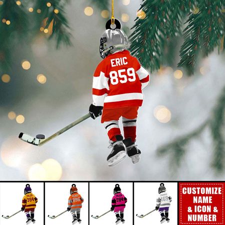 Liten hockeyspelare personlig julgransprydnad i akryl - present till hockeyälskare