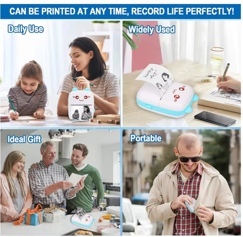 Mini impressora térmica portátil sem fios Bluetooth com 5 rolos de papel para impressão e 3 rolos de papel a cores.