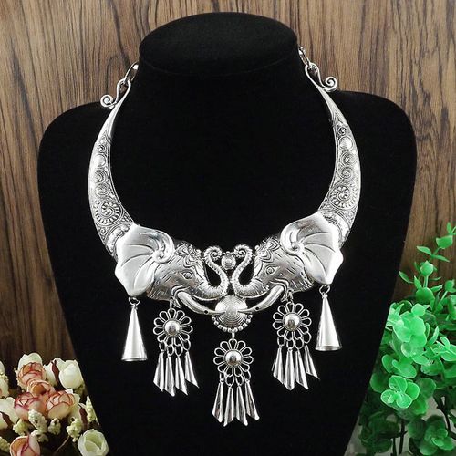 Ancient Chinese Hmong hieroglyphic silver necklace