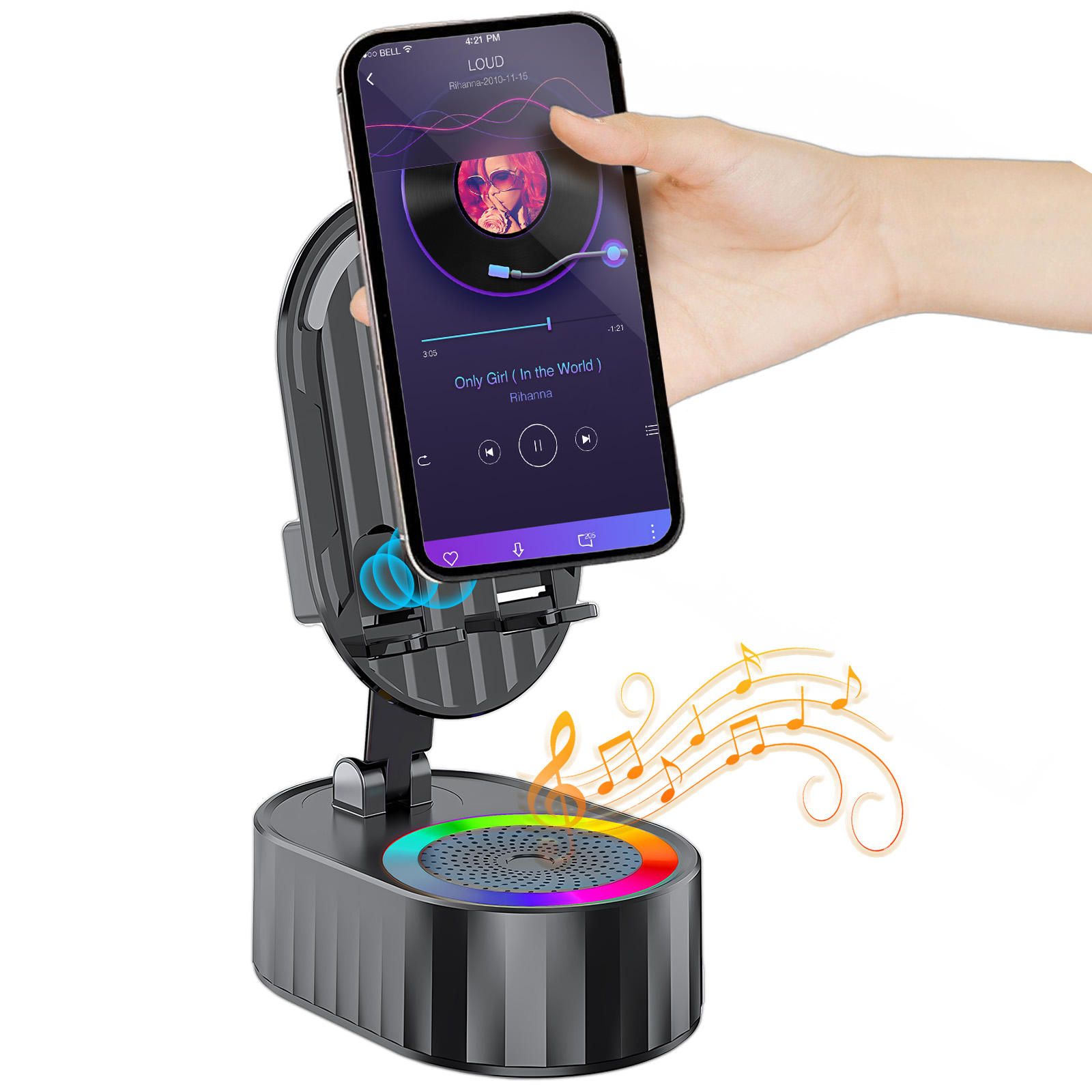 Altifalante Bluetooth de áudio de indução sem fios 3 em 1 Suporte para telefone com luz de atmosfera colorida Presente para amigos e familiares