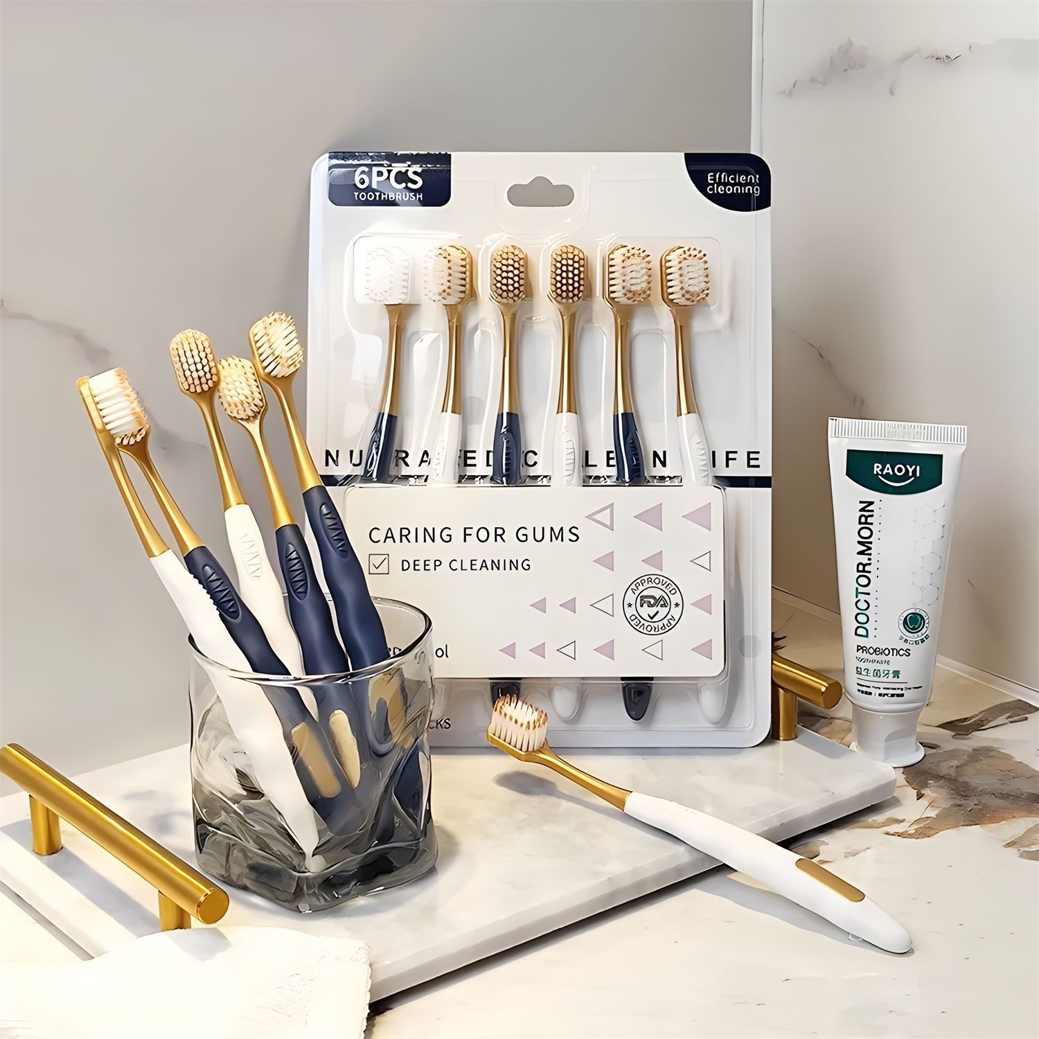 Escova de dentes de cerdas macias com cabeça larga para uso doméstico adulto, 6 peças para uso diário