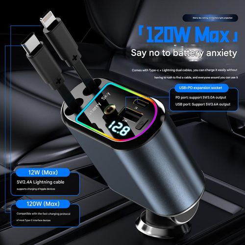 Novo C9 céu estrelado topo carregamento rápido 120W com carregador de carro de cabo retrátil um a quatro display digital multifuncional