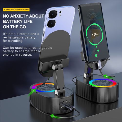 Altifalante Bluetooth de áudio de indução sem fios 3 em 1 Suporte para telefone com luz de atmosfera colorida Presente para amigos e familiares