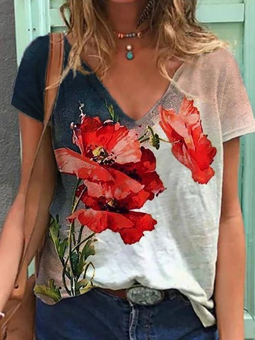 Women Short Sleeve V-neck Floral Printed Top