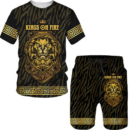 Summer New Men's Casual Daily Lion Print T-Shirt Sets Short-Sleeved T-Shirt Plus Rope Shorts for Summer Comfort