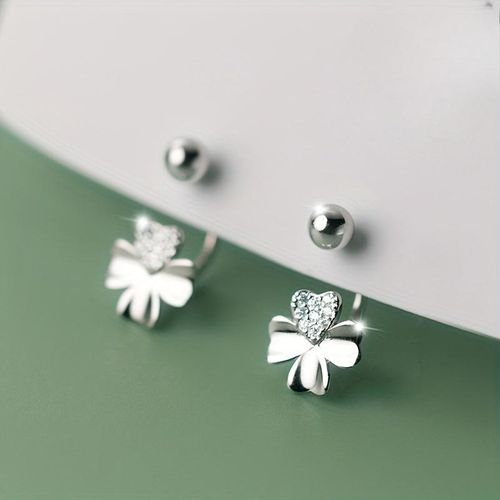 Elegant Silvery four-leaf clover stud earrings with screw buckle - hypoallergenic, square crystal Zirconia embellishment, versatile match, the best gift for your family, friends and significant others
