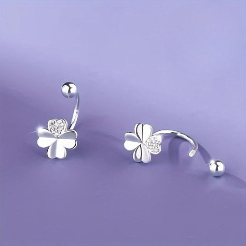 Elegant Silvery four-leaf clover stud earrings with screw buckle - hypoallergenic, square crystal Zirconia embellishment, versatile match, the best gift for your family, friends and significant others