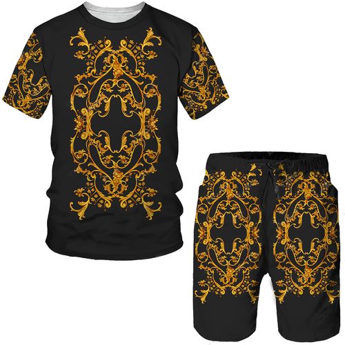 Summer New Men's Casual Daily Lion Print T-Shirt Sets Short-Sleeved T-Shirt Plus Rope Shorts for Summer Comfort