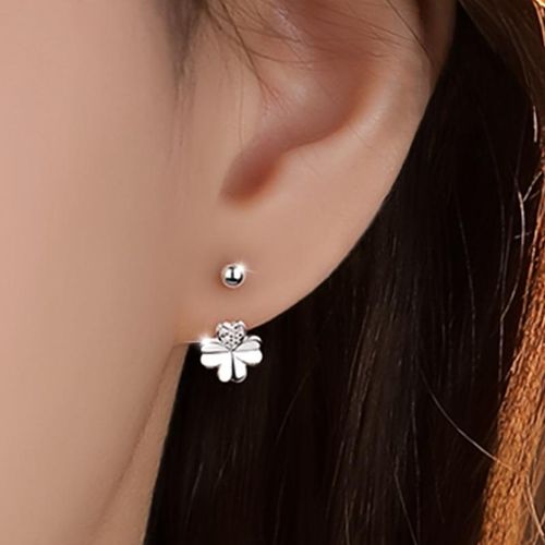 Elegant Silvery four-leaf clover stud earrings with screw buckle - hypoallergenic, square crystal Zirconia embellishment, versatile match, the best gift for your family, friends and significant others