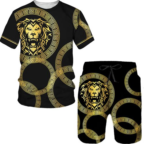 Summer New Men's Casual Daily Lion Print T-Shirt Sets Short-Sleeved T-Shirt Plus Rope Shorts for Summer Comfort