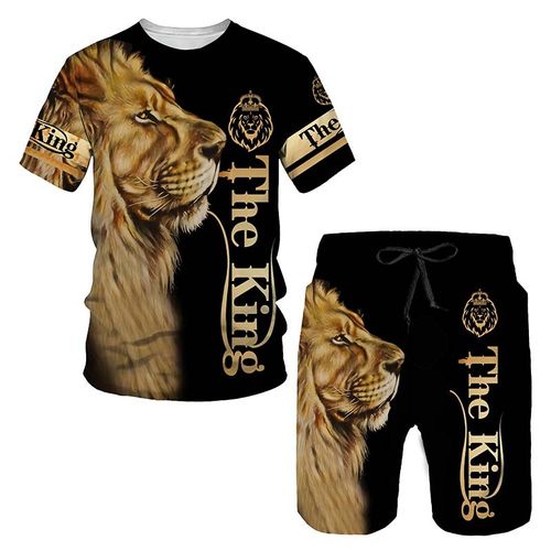 Summer New Men's Casual Daily Lion Print T-Shirt Sets Short-Sleeved T-Shirt Plus Rope Shorts for Summer Comfort