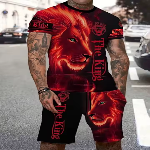 Summer New Men's Casual Daily Lion Print T-Shirt Sets Short-Sleeved T-Shirt Plus Rope Shorts for Summer Comfort